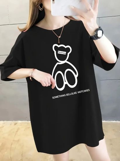 Baskılı Oversize Bisiklet Yaka T-shirt - Siyah resmi